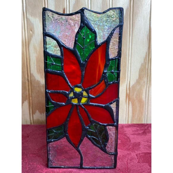Stained Glass Poinsettia Candle Cover Votive Handcrafted 8" x 3.75" x 3.5" - Picture 2 of 13